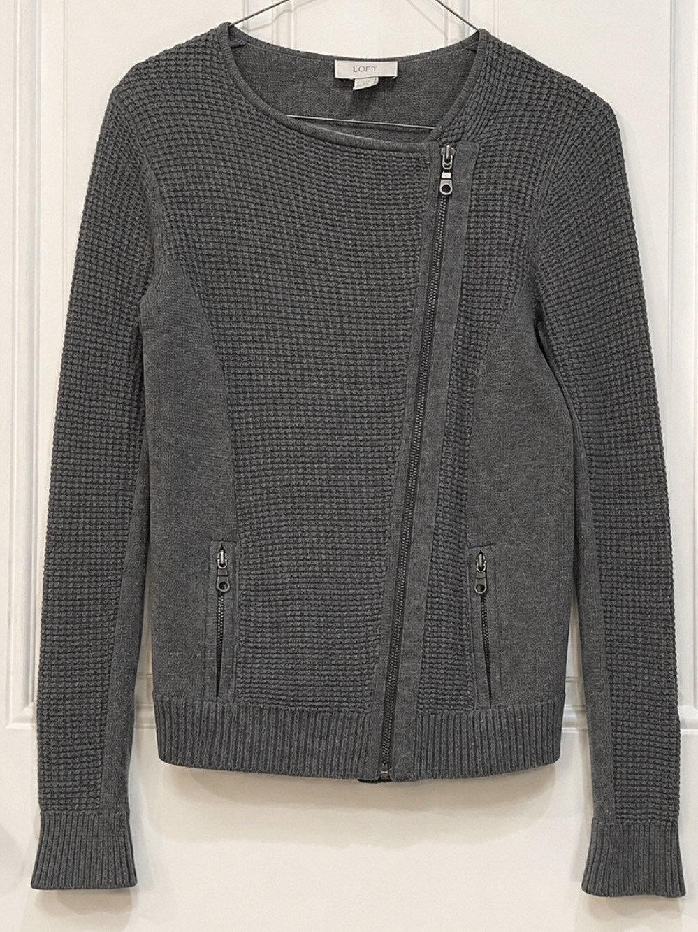 Loft Petites Gray Waffle Knit Moto Sweater Jacket - Size XXSP